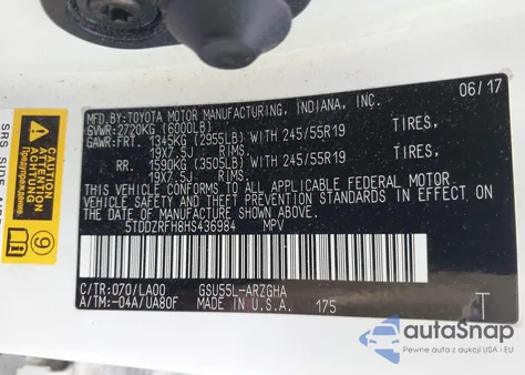 2017 Toyota Highlander Limited из США, поврежденный, VIN 5TDDZRFH8HS436984